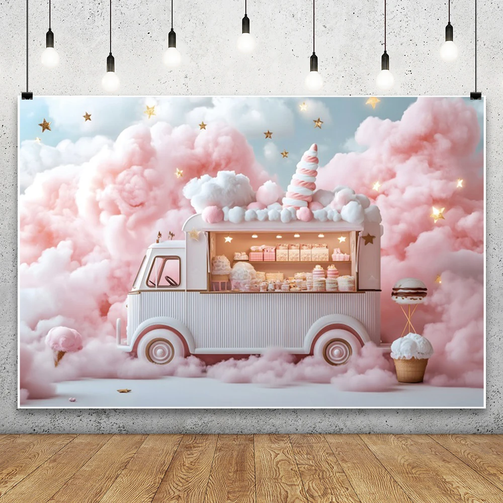 รถบรรทุกไอศกรีมเมฆสีชมพูการถ่ายภาพพื้นหลังร้านขนมหวาน Dreamy ดาวสาววันเกิดเค้ก Smash Photocall ฉากหลัง