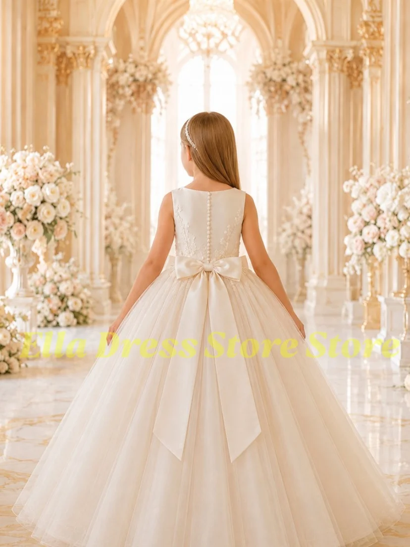Großhandel Maßgefertigtes Ballkleid mit Champagner-Applikationen, Tüll-A-Linie, Blumenmädchenkleid mit Juwel-Ausschnitt und bodenlangem Rock – Detail 2