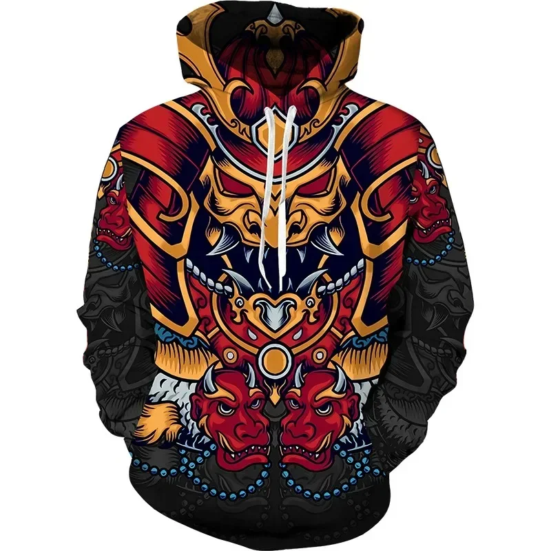 Men's Vintage Japanese Samurai Graphic Hoodies Autumn Winter Outdoor Street Casual Long Sleeve Tops Retro Harajuku Style Clothes