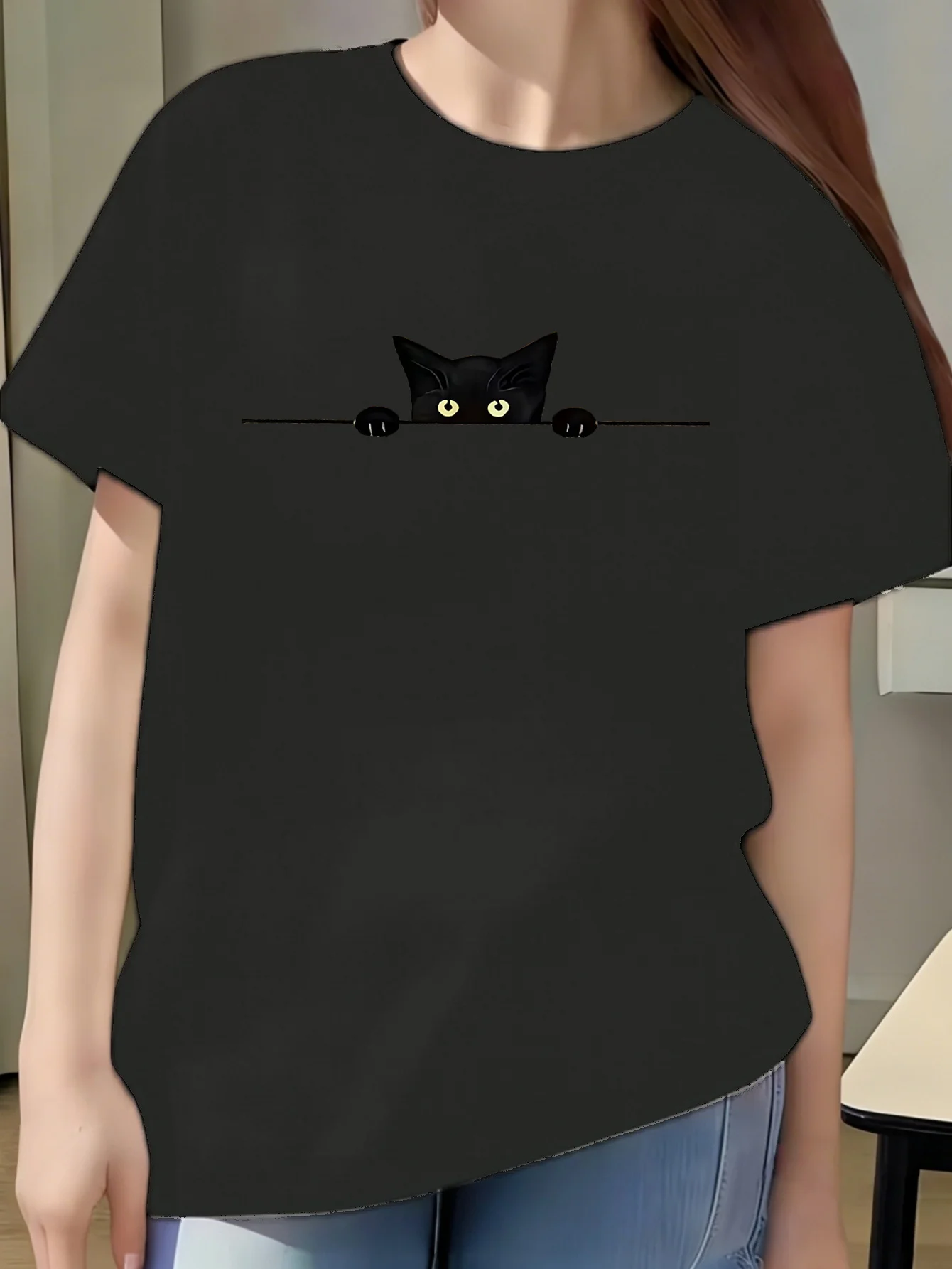 Family Matching T Shirt Cute Sneaky Black Cat Peek Graphic Print Short Sleeve Cotton Tee For Boys Girls Kids Daily Casual Wear