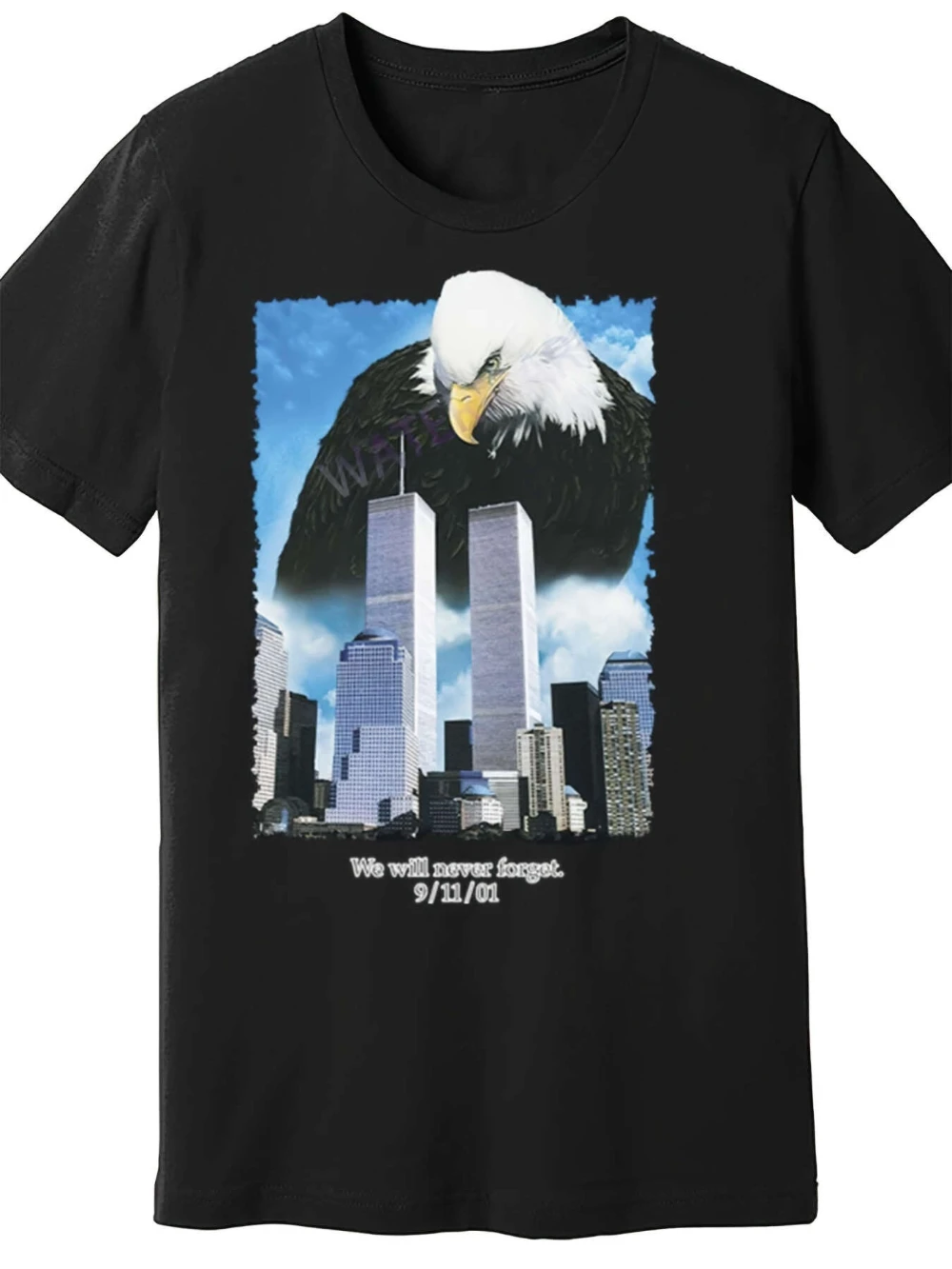 9/11 Memorial Men's T-Shirt Featuring An Eagle and Twin Towers Design with The Motto We Will Never Forget Men and Women T Shirt