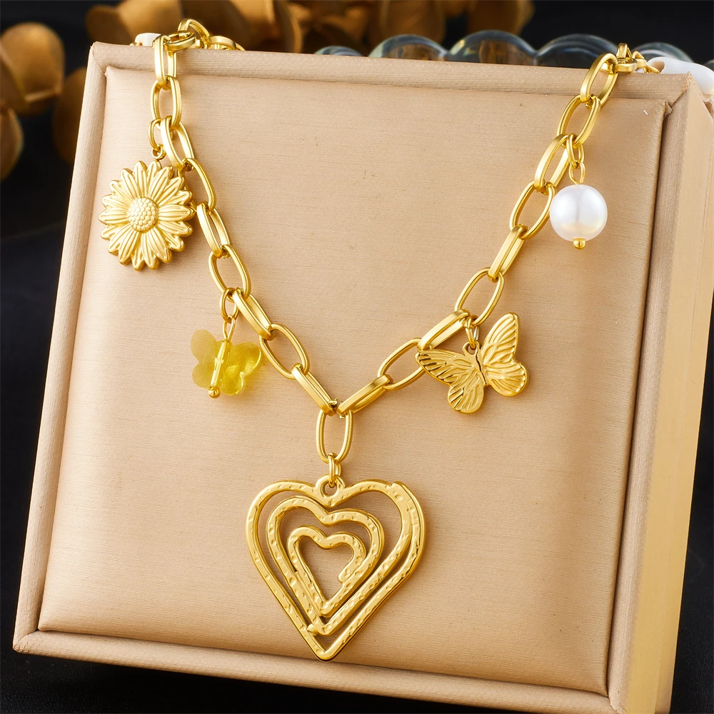 DIEYURO 316L Stainless Steel Flower Butterfly Golden Lines Heart Pendant Necklace For Women New Fashion Neck Chain Jewelry Gift