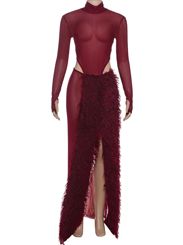 EOENKKY Coquette See Through Set da 2 pezzi Body da donna + Gonna divisa patchwork pelosa Stretch Skinny Senza vita Clubwear Abiti