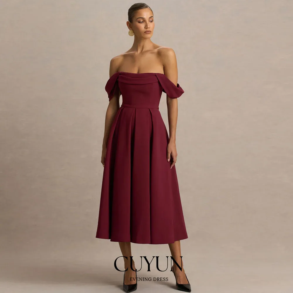 

CUYUN Burgundy Simple Elegant Women Party Dresses Off the Shoulder A Line Draped Long Prom Dresses Customized Formal Event Dress