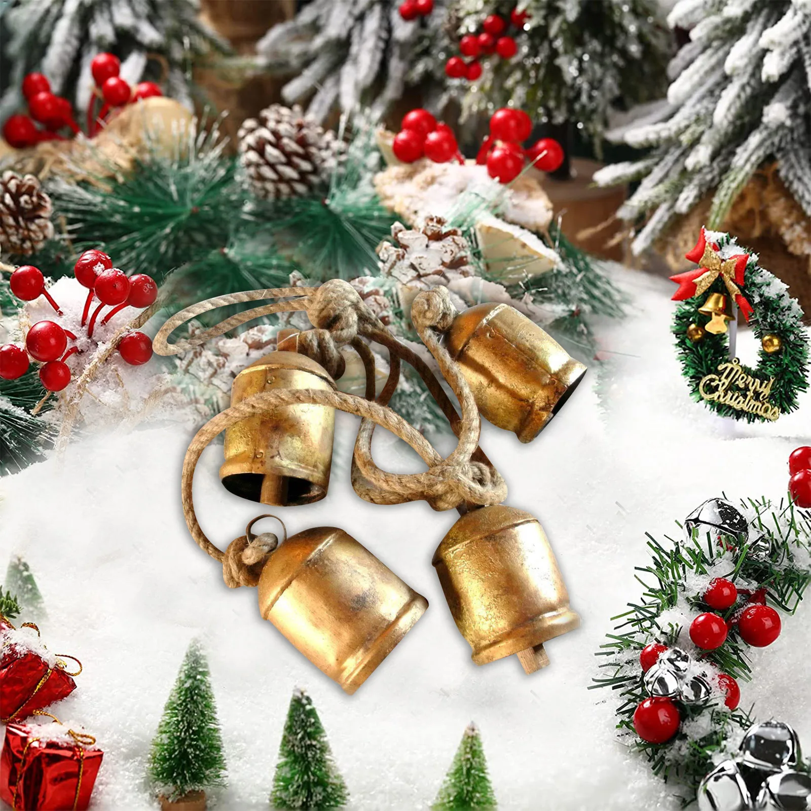 

Gold Christmas Vintage 3/4/5 Bells Rustic Hanging Cow Bells with Rope Door Garden Yard Pendant Decoration Gold Witch Bells