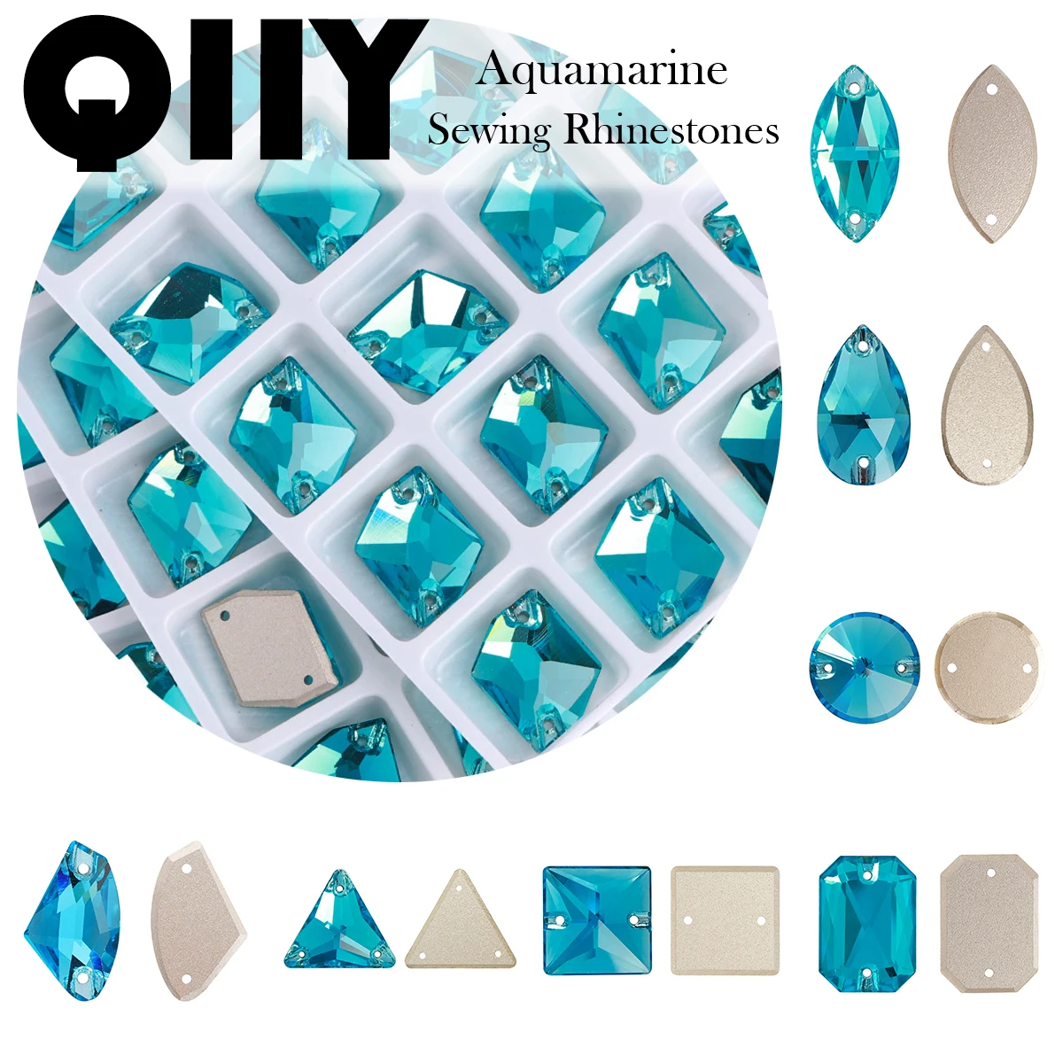 

Top Quality Aquamarine Glitter Glass Sew-On Rhinestones Flatback Rivoli Axe Blue Sewing Stones for Clothing Bags Accessories