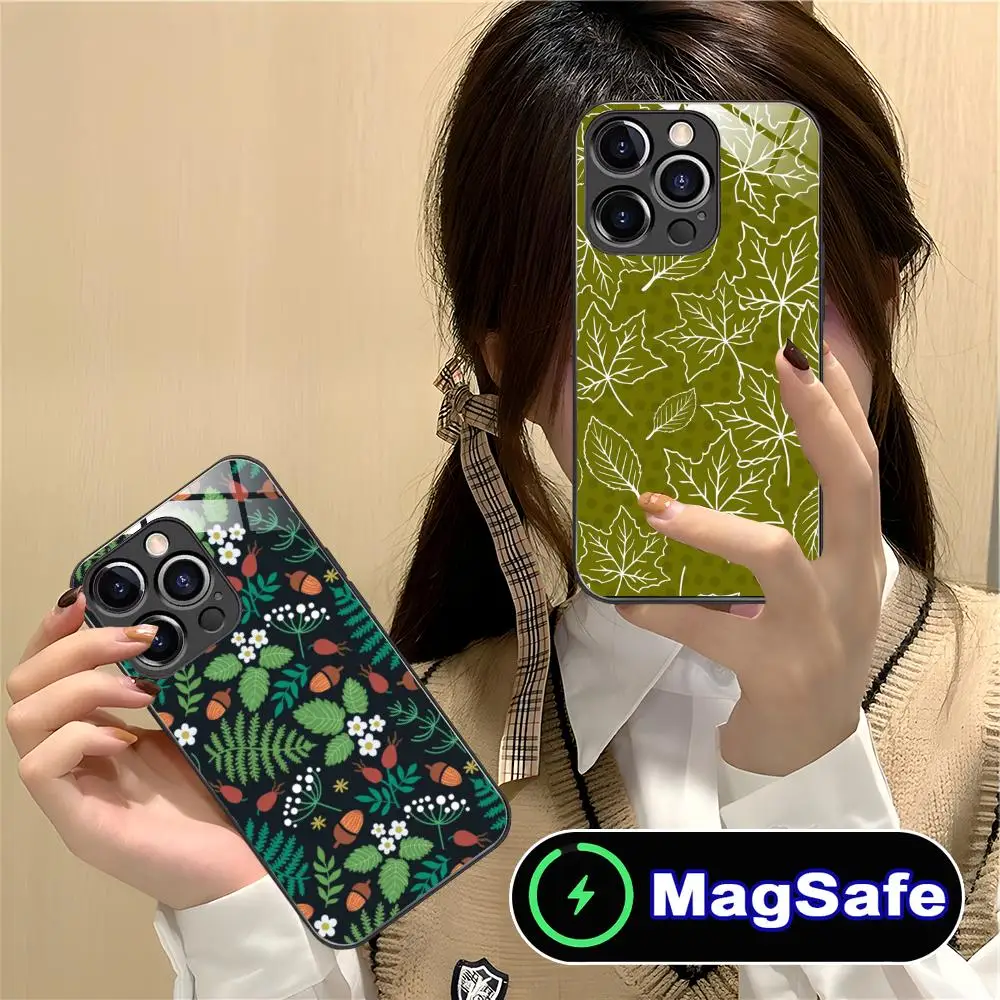 

Чехол для телефона с рисунком листьев и цветов для iPhone 17 16 15 14 13 12 11 Air Pro Max Plus Mini, стеклянный, цветной, с поддержкой MagSafe, роскошный