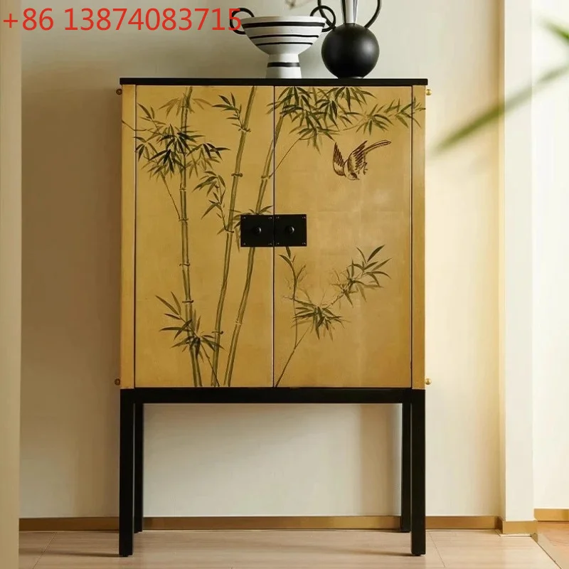 Modern new Chinese vertical cabinet French light luxury gold foil collection rack Solid wood American medieval door cabinet