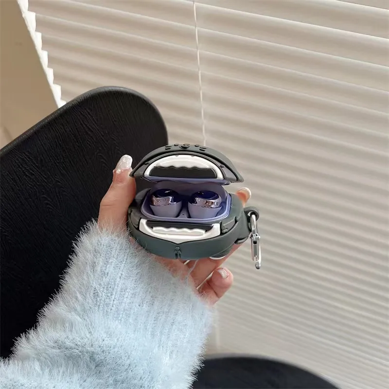 Para samsung galaxy buds2 pro/botões ao vivo/botões pro/botões 2 caixa de carregamento, 3d bonito dos desenhos animados preto tubarão silicone fone de ouvido caso com gancho