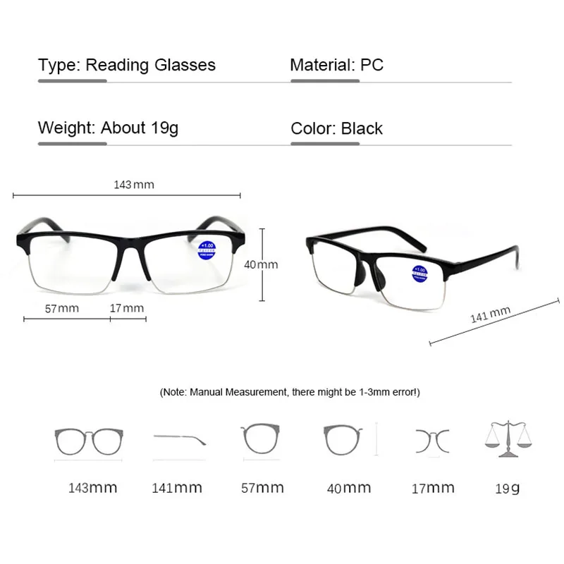 Ahora-Half Frame Reading Glasses para homens e mulheres, Presbiopia Óculos com Dioptrias, + 0,75, + 1,0, + 1,25, + 1,5, + 1,75, + 2,0, + 2,25, +