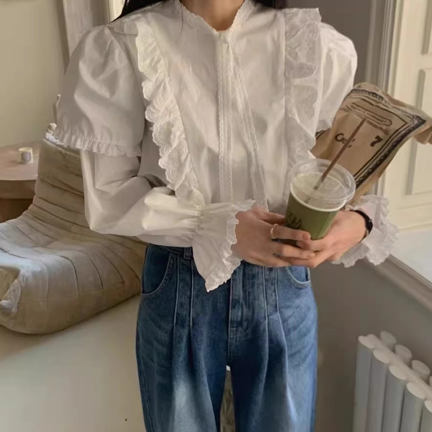 Chique blouse met kanten rand Dames vroege lente Ele Losse veelzijdige lange Sve-top Polyestervezel Bubble Sve opstaande kraag