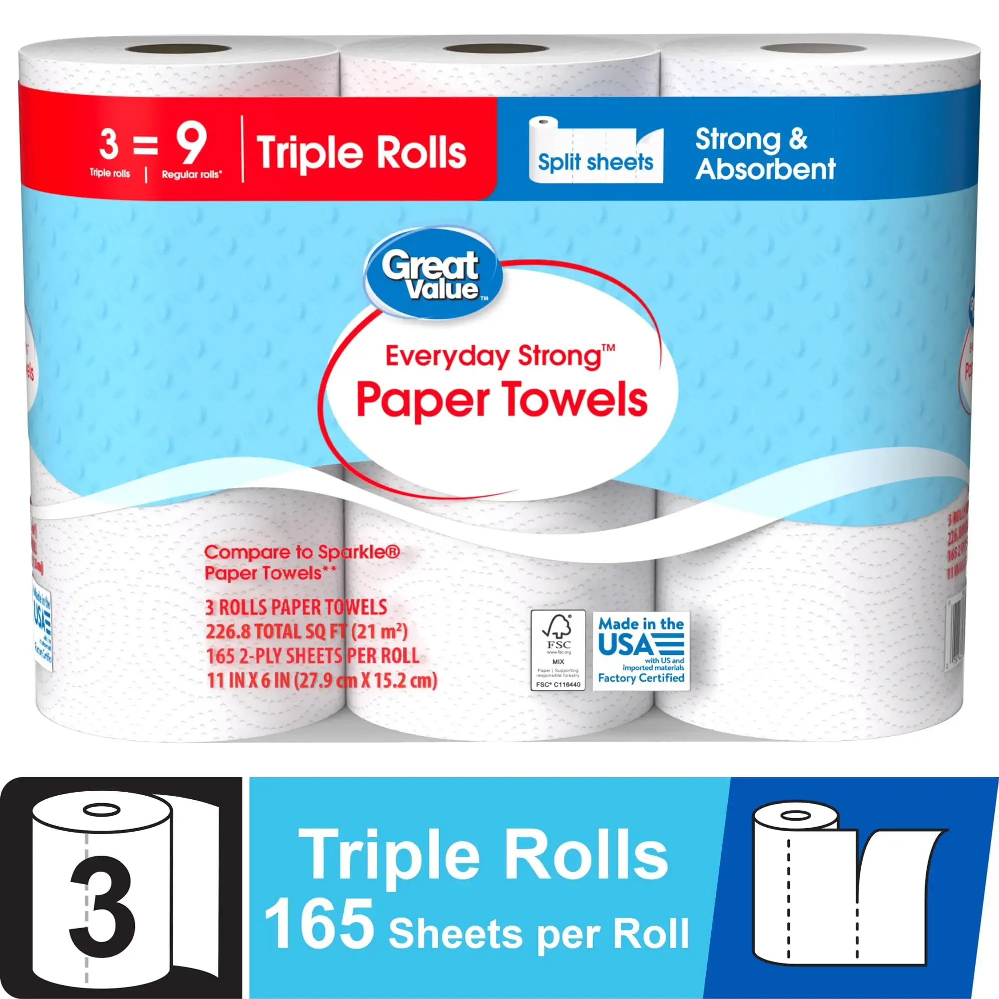 

SWEETY-Great Value Everyday Strong Paper Towels, 3 Triple Rolls