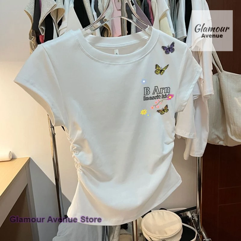 어깨 자수 꽃무늬 패션 반팔 티셔츠 여성 봄 여름 신상 패션 디자인 탑.