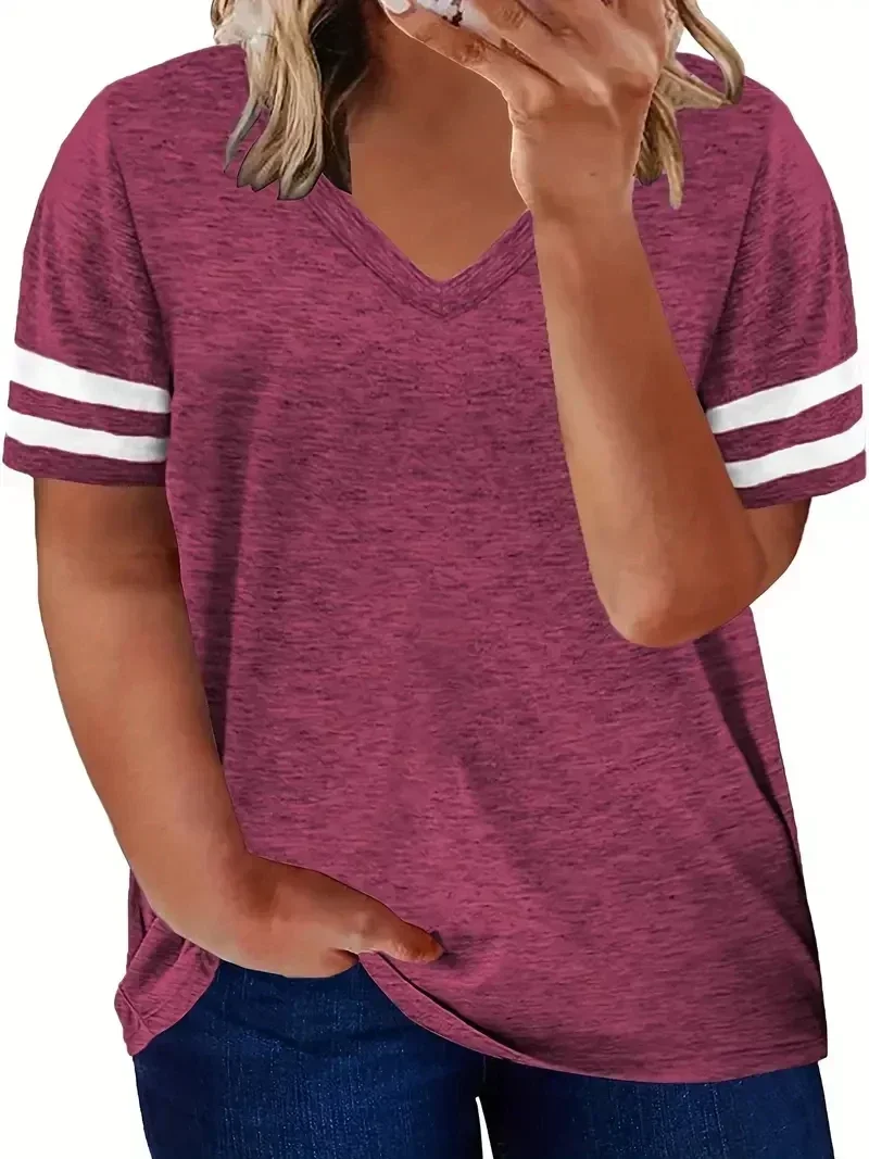 Frauen Mode Plus Größe V-ausschnitt Sommer Farbe Blockiert T-shirt Sommer Lose Top Kurzarm Casual T-shirt 1XL-8XL – Detail 4