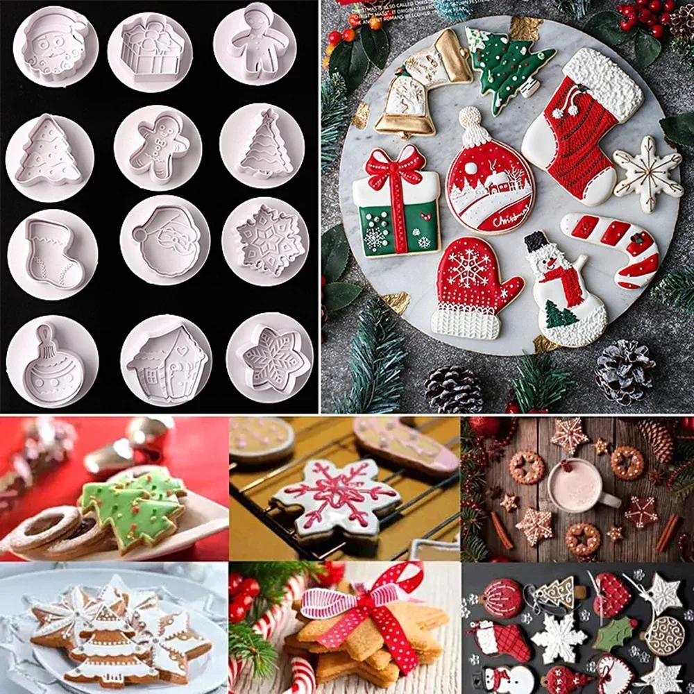 4pcs Christmas 3D Cookie Cake Plunger Cutter Baking Mould Cookie Stamp Biscuit DIY Mold Fondant Cake Decorating Tools