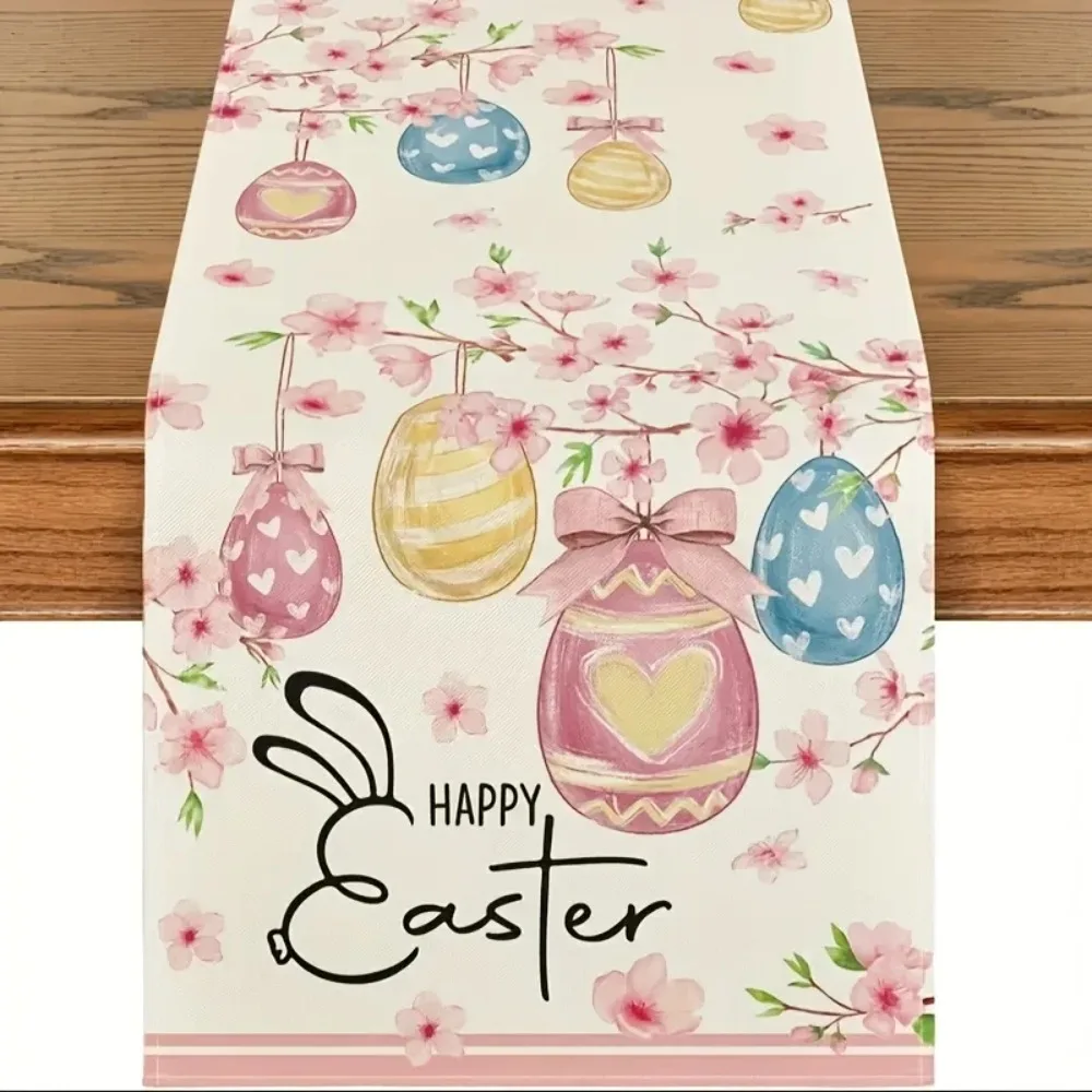 Easter Bunny Egg Tulip Linen Table Runner Holiday Party Spring Cherry Blossoms for Kitchen Dining Table Decor