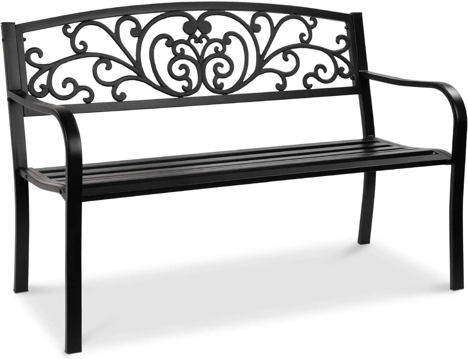 Comfort Corner Outdoor Bench Steel Garden Patio Porch Furniture for Lawn, Park, Deck w/Floral Design Backrest, Slatted Seat