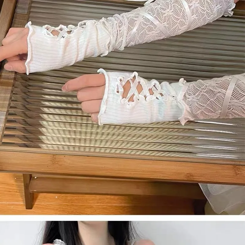 อุปกรณ์เสริมฮาโลวีน ถุงมือสไตล์ Y2K โลลิต้า แบบบัลเล่ต์ แขนลูกไม้สีขาว ถุงมือผู้หญิงแบบบางสำหรับฤดูร้อน ป้องกันแสงแดด สไตล์สาวฮอต ถุงมือแบบมีสาย
