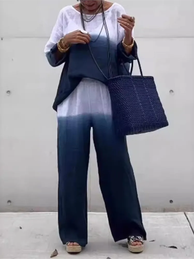 

Fashion Cotton And Linen Gradient Trousers Set Summer Women's Commuting Style Loose Casual Top Wide-leg Trousers Two-piece Set