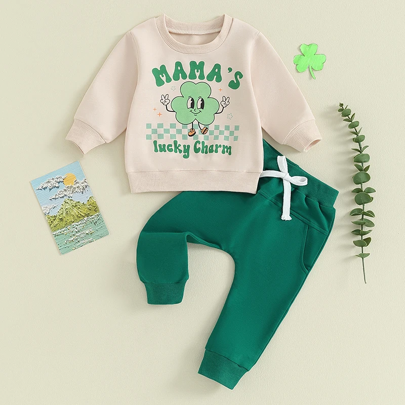 

Infant St Patricks Day Outfit Baby Boy Mamas Lucky Charm Long Sleeve Sweatshirt Cool Casual Jogger Pants Set