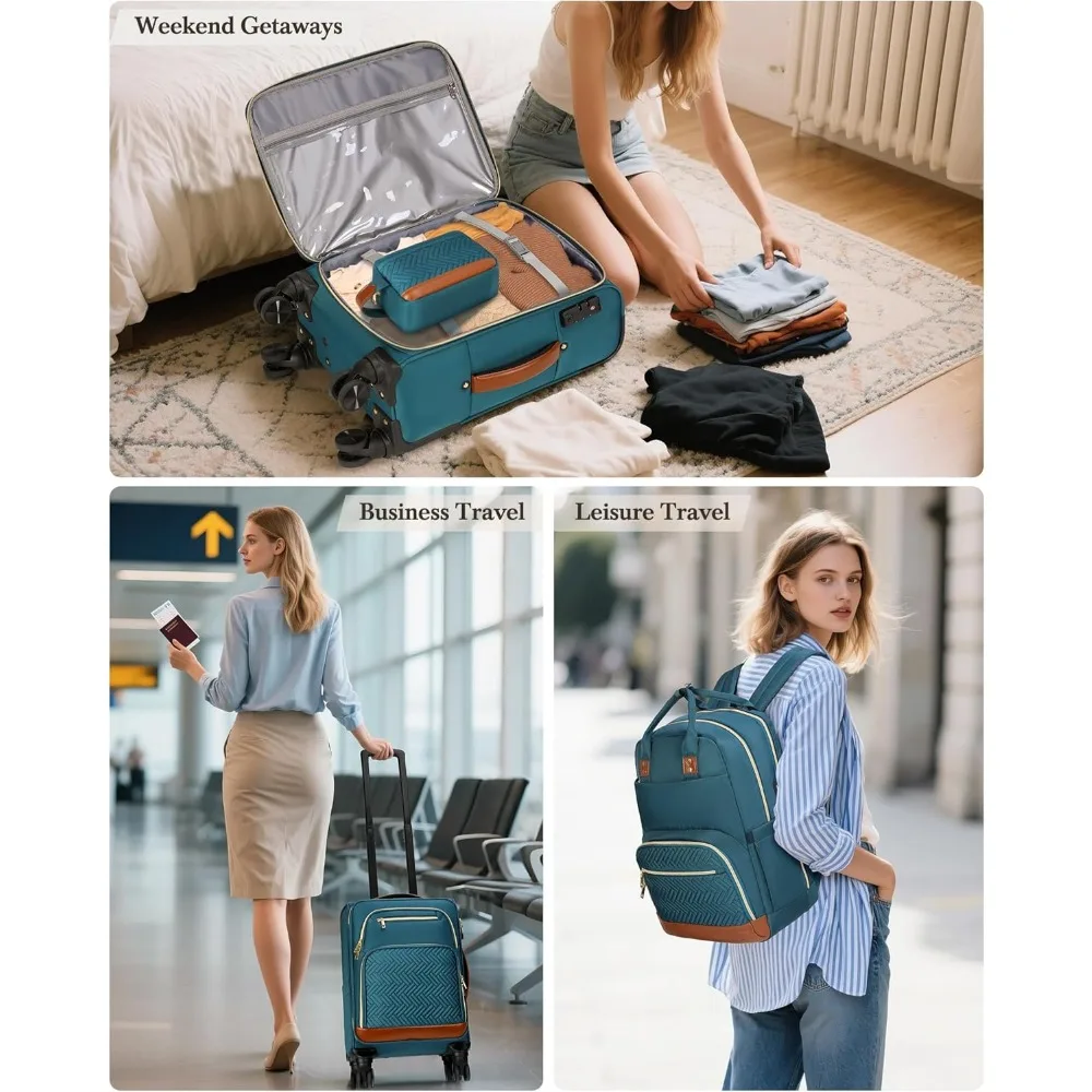 20 Inch Softside Rolling Carry-On Luggage Set, Airline Approved, 3 Piece Suitcases with Wheels, Travel Essential