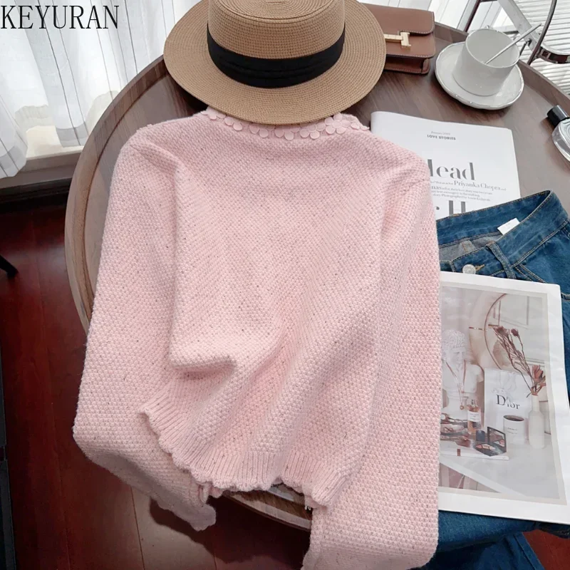 3D Floral Sweater Jacket for Women Autumn Winter New O-Neck Long Sleeve Single Breasted Commuting Cropped Knitted Cardigan Tops