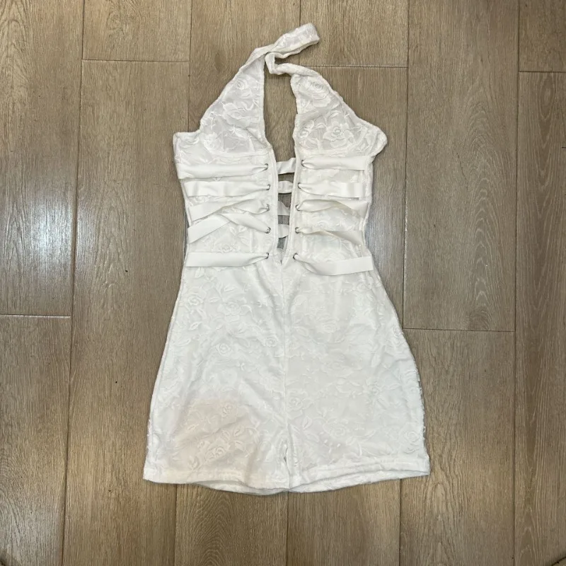 

Women Sexy Lace Mesh Skinny Playsuits Deep V-neck Sleeveless Halter Grommet Lace-up Backless Slim Club Party Rompers Streetwear