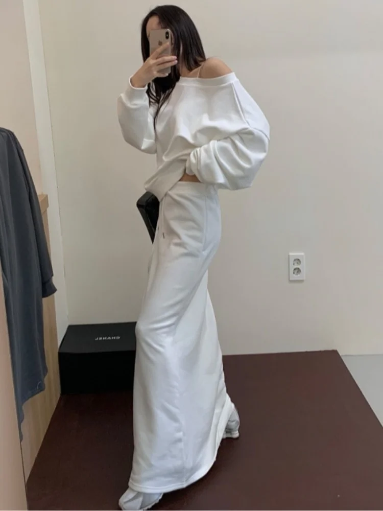 

oulder Bared Hoodie High Waist Skirt Set Women's Loose Casual Long Skirt Two Piece Set Spring Autumn Commute Sle