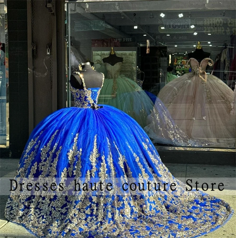 Lorencia-Vestidos De quinceañera Azul Real, vestido De baile De quinceañera, Apliques De encaje dorado con cuentas, dulce vestido De 16 años, 2024