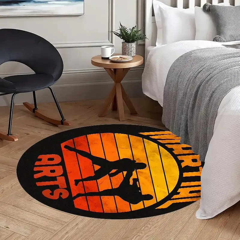 Martial Arts Silhouette Round Rug Flannel Carpet Combat Sport Themed Area Mat for BoysRoom Decor Training Gym Soft Non SlipFloor