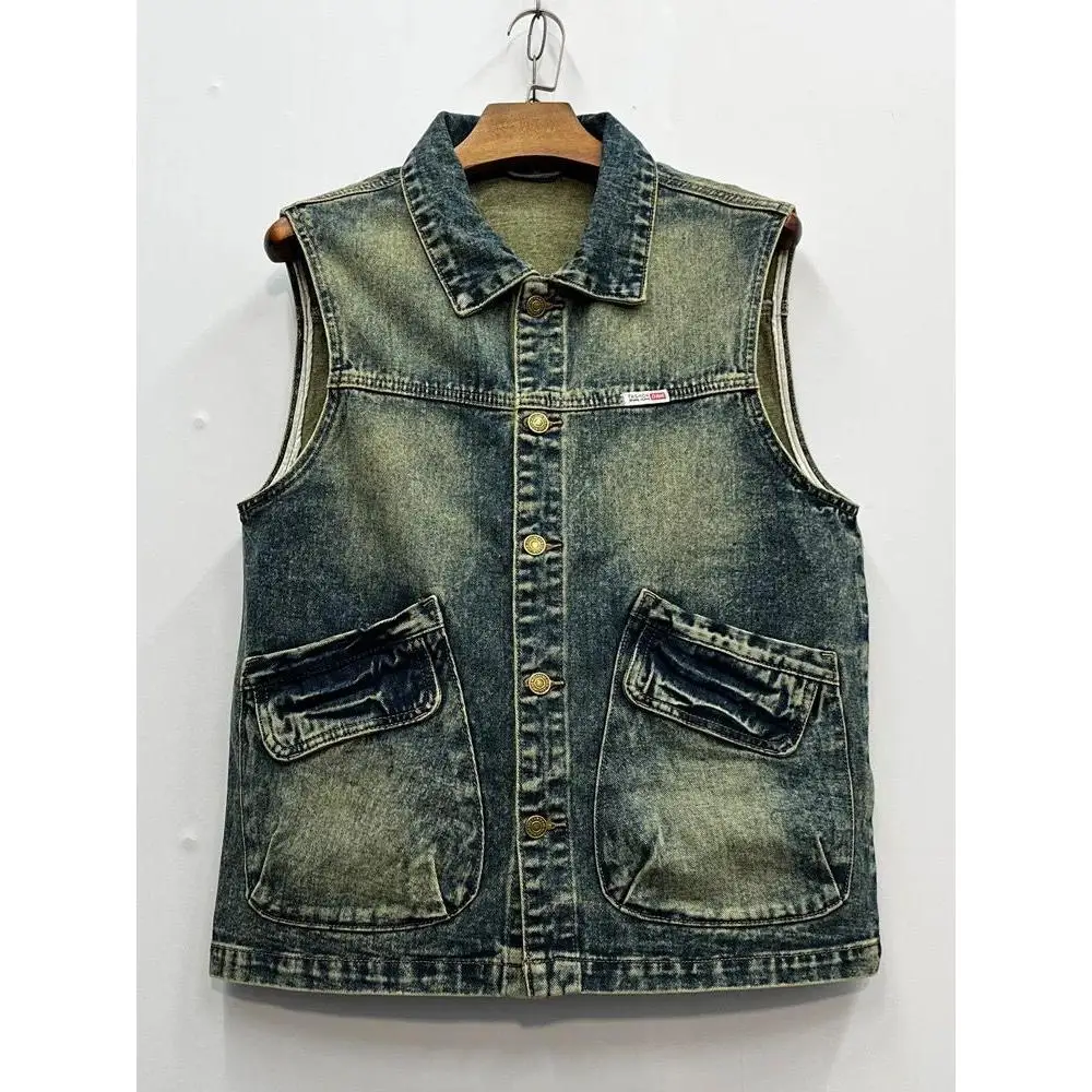 

Ретро-жилет мужской джинсовый летний для активного отдыха в американском стиле, свободный крой, большие размеры, из смесового хлопка и полиэстера