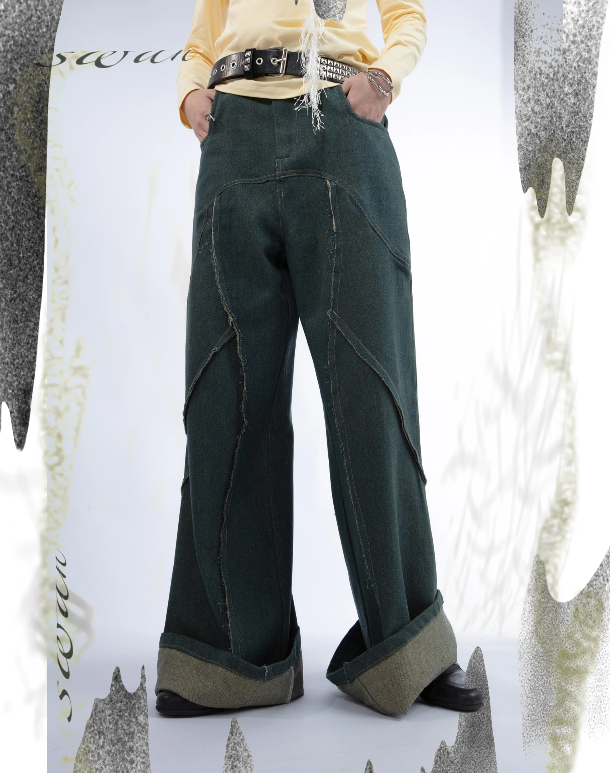 

Джинсы из денима в стиле ретро с пэчворком и рваным краем, темный цвет, Udon House, с застежкой на молнию на талии, универсальные для всех сезонов