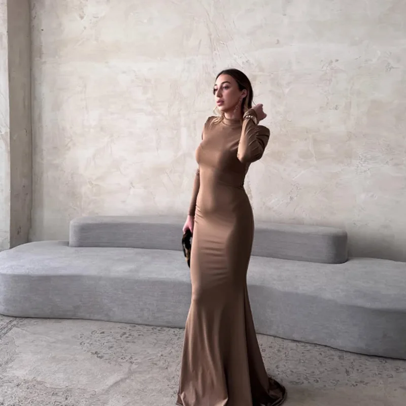 

2026 New Arrival Women's High Neck Long Sleeve Maxi Dress Ruched Waist Bodycon Floor-Length Gown for Spring