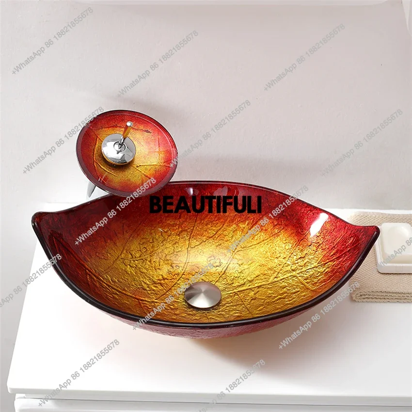 

HR Small Bathroom Counter Basin Tempered Glass Wash Basin Modern Simplicity Leaf-shaped Art Washbasin Balcony Above Counter Ba