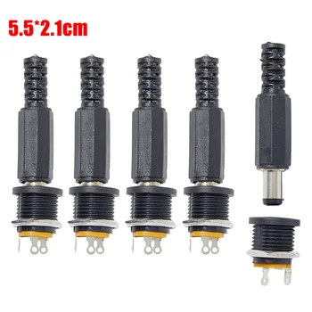 5 adet erkek fişler + 5 adet DC022 soket kadın Jack vida somunu Panel montaj konektörü 5.5*2.1mm DC 12V siyah