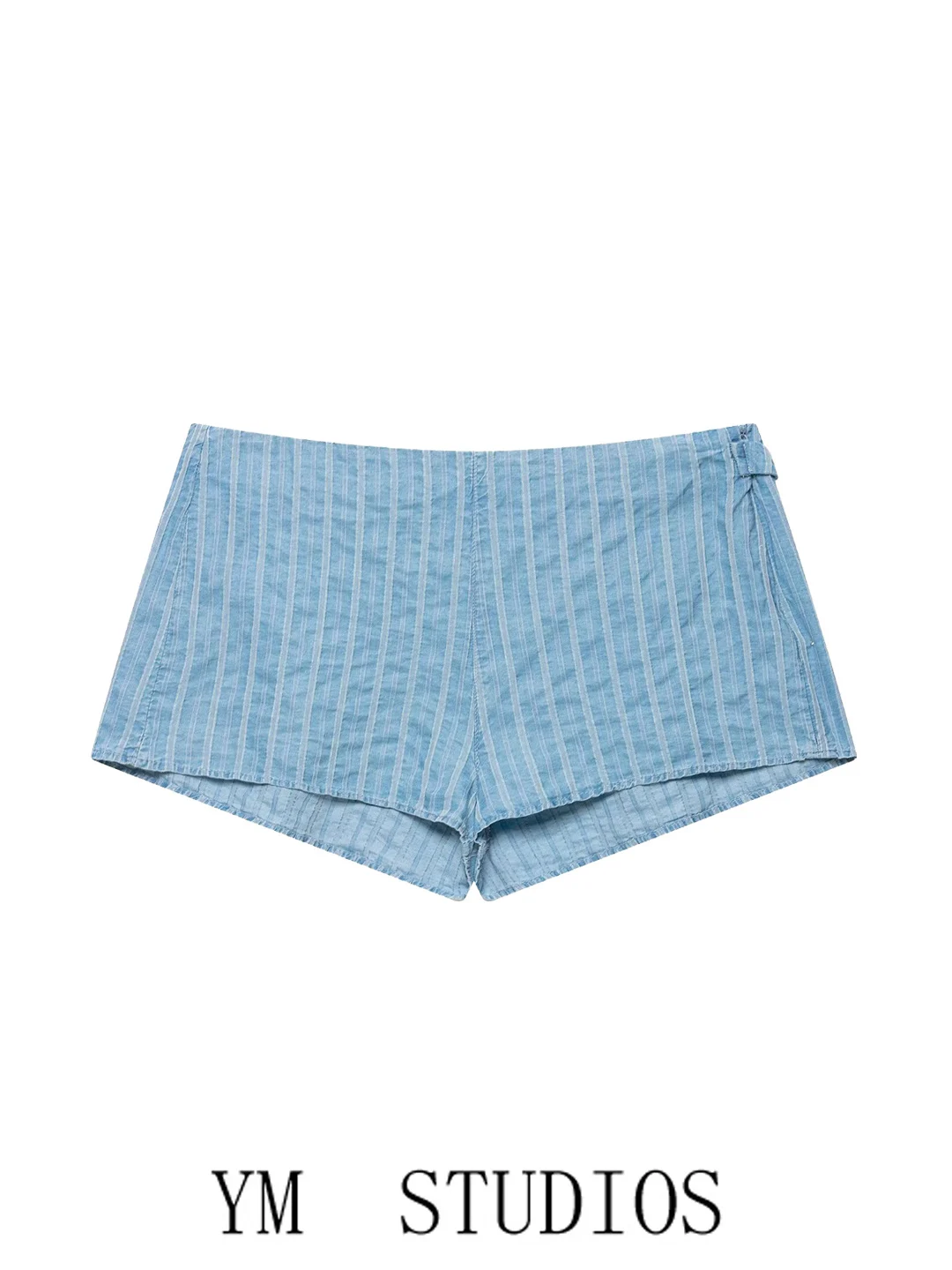 Low-Waist Slimming  Shorts Women's Fashion Vertical Stripes Light Blue Summer Trendy Polyester Fiber Straight Leg Pants