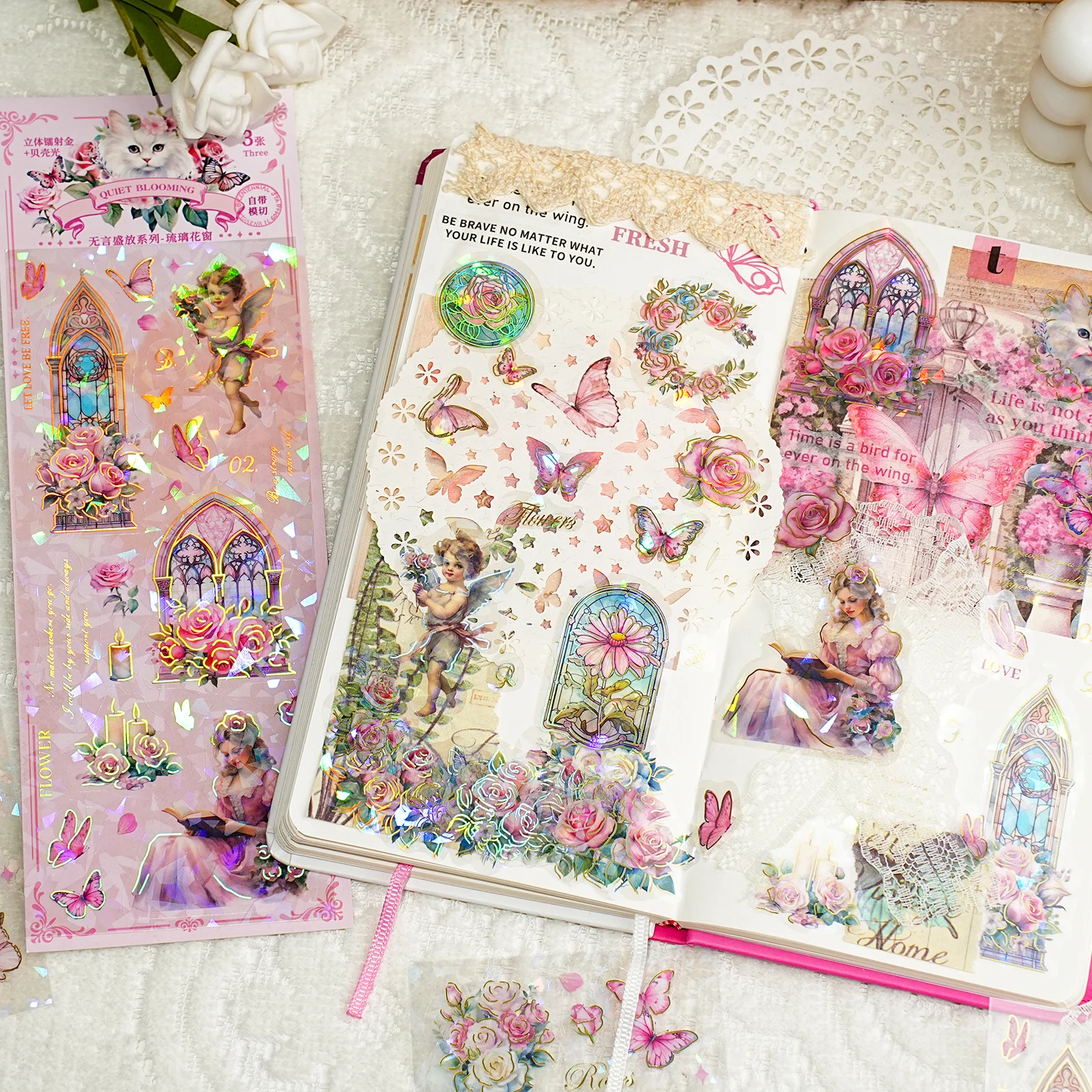Etori Life Silent Blossom Series Vintage Floral Animal Pattern Classic Journal Stickers DIY Handmade Scrapbook, Crafts, Student Stationery, Gift Paper Bags, Envelope Greeting Cards, Baking Sealing, Vintage Party, Gold Foil Shell Craft, Irregular Die-Cut, Waterproof Stickers