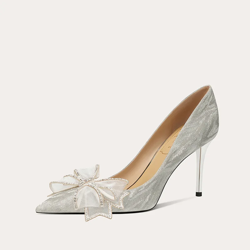 

High heels, wedding shoes, banquet shoes, pointed slender heels, bridal shoes, women's shoes, bow shoes, sheepskin single shoes