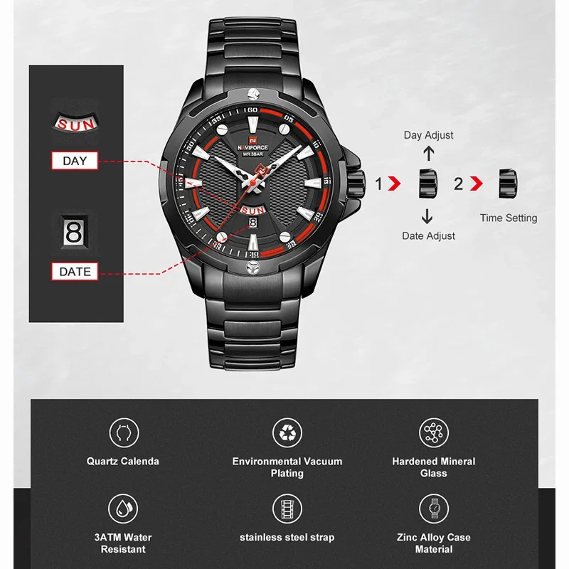 NAVIFORCE NF9161 Men\'s Military Sport Luminous Waterproof Male Clock Date Display Stainless Steel Watch Relogio Masculino