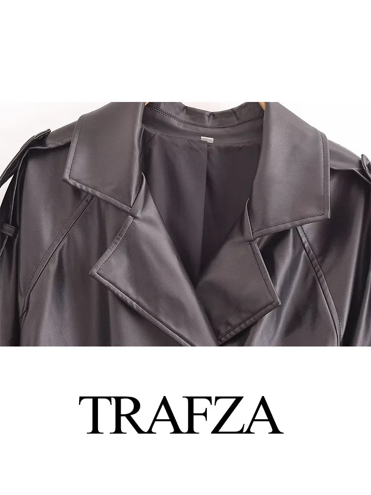 TRAFZA 2024 wanita jaket jalan tinggi jaket hitam kerah rebah sabuk lengan panjang Double Breasted mantel musim gugur wanita trendi