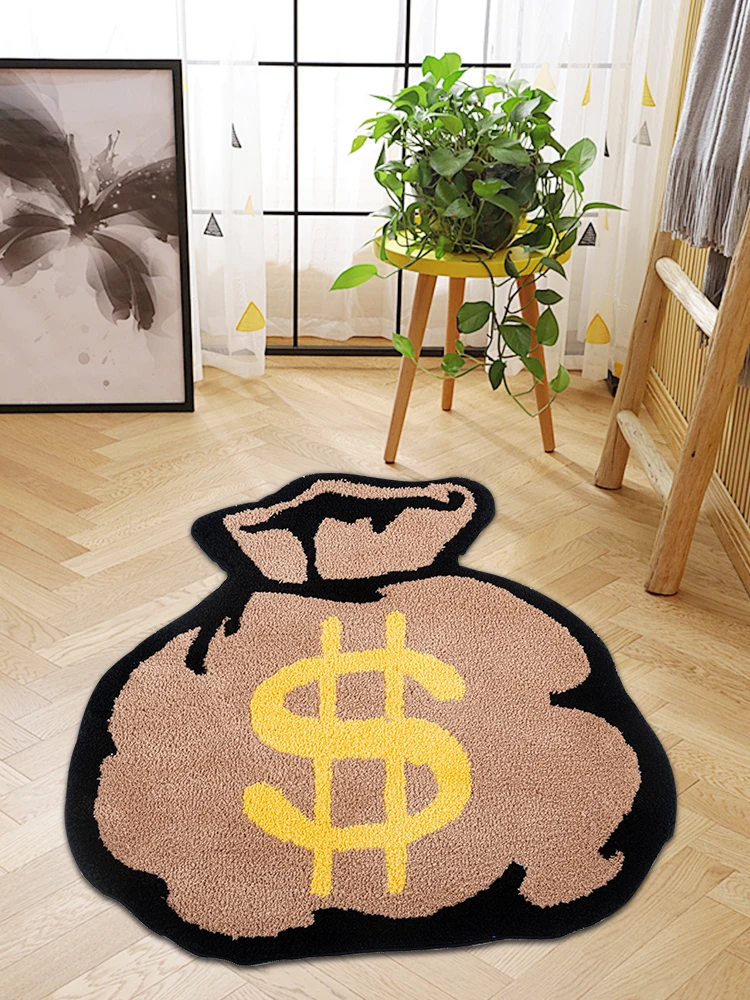 Dollar Sign Money Bag Tufted Rug for Living Room Bedroom Fluffy Bathroom Mat Brown Trendy Money Art Rug Home Decor Floor Mat