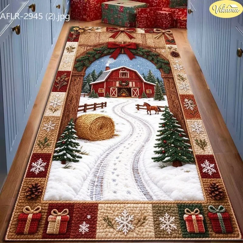 VIKAMA Christmas Runner Rug, Winter Farmhouse Barn Snowy Scene, Trees Snowflakes, Textured Plush, Cozy Hallway