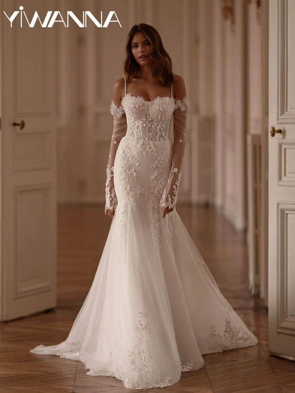 

Detachable Sleeve Appliques Mermaid Long Wedding Dress Dreamy Thin Straps Bridal Gown Customized 3D Flower Dresses For Bride