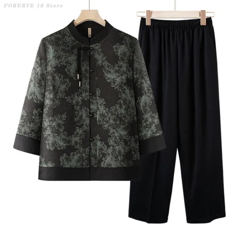 ربيع الخريف جديد تانغ دعوى الجدة جديد النمط الصيني قميص وبانت الزي بأكمام طويلة البلوزات المطبوعة النساء حجم كبير 5XL مجموعات #2