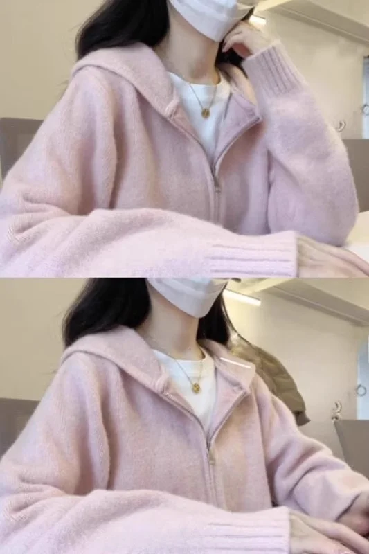 

Pink Hooded Knitted Sweater Women's Autumn Winter Spring Zipper Lazy Soft ort Coat Korean Sle Long Sve Loose Fit Top