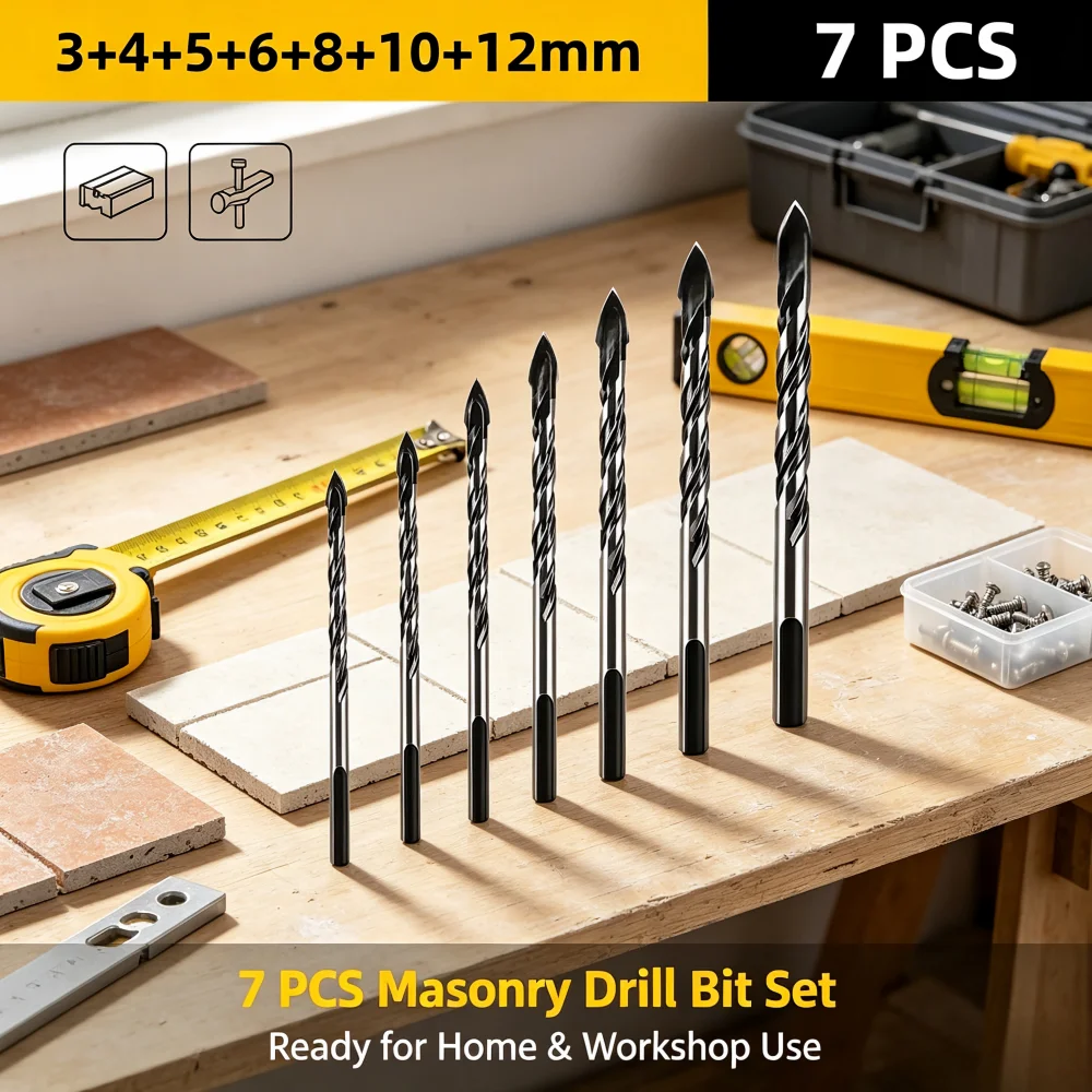 7Pcs Triangle Drill Bit Set, 3-12mm Cross Spear Point Tile Drill Bits for Ceramic Porcelain Brick Marble Concrete Wall Drilling