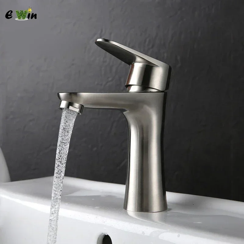 Ewin 304 Stainless Steel Bathroom Basin Faucets Deck Mounted Hot Cold Tap Single Hole Drawing Lavatory Sink Faucet