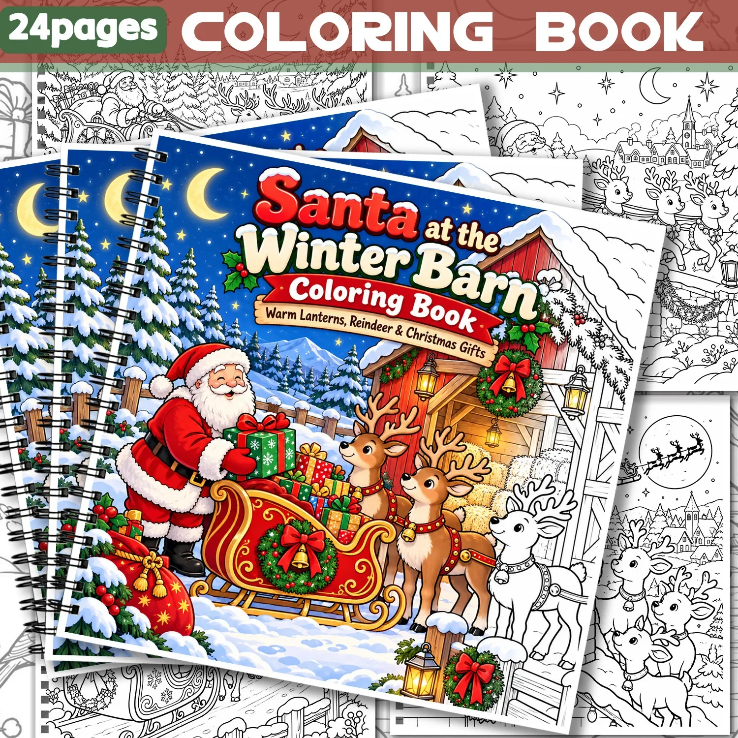 Santa Winter Barn Scene Coloring Book 24Pages Showcasing Creativity & Relieving Stress Design Spiral Bound Holiday Art Activity