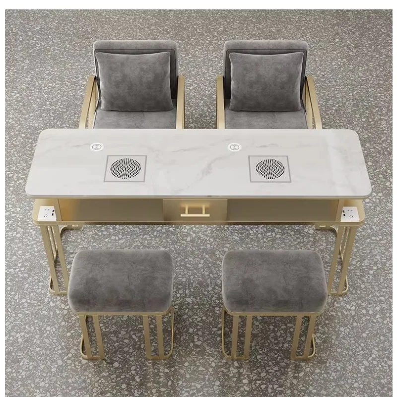 Factory Direct 2026 Luxury Modern Nail Art Equipment Two-seater Nail Salon Table Stainless Steel Marble Top Salon Furniture
