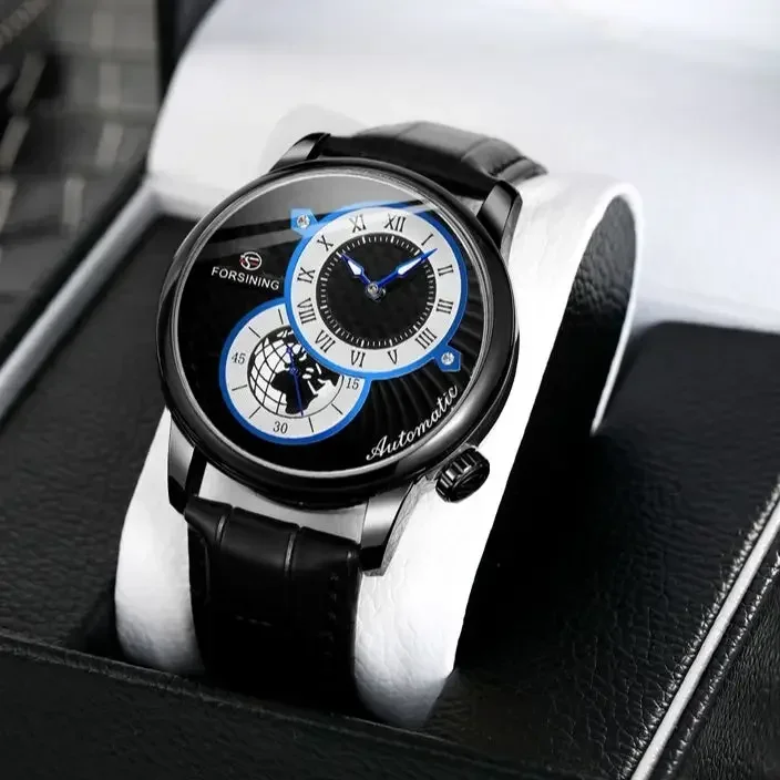 

FORSINING мужские механические часы модные двойной циферблат с автоматическим заводом мужские наручные часы спортивные кожаные часы для мужчин Reloj